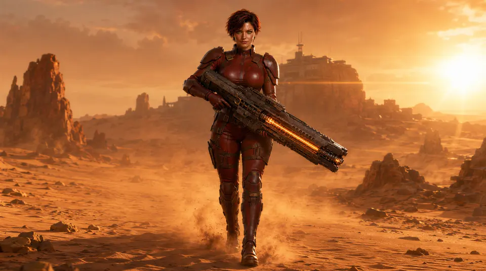 Tarin walking through the desert in fitted red armor while carrying a massive energy weapon.
