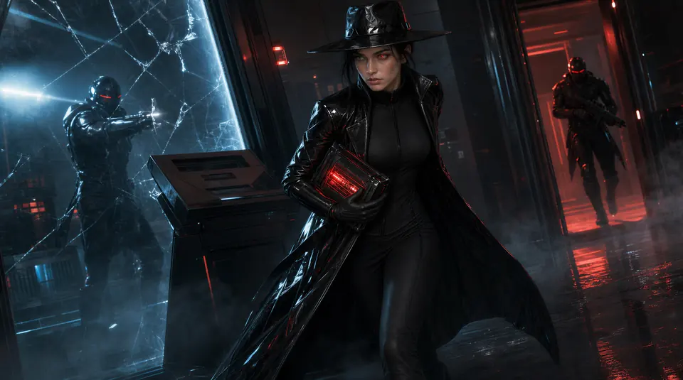 Vespera holding a red evidence core inside a cold industrial facility while armed figures close in behind her.