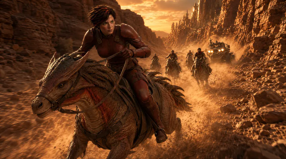 Tarin riding a desert beast at speed while Ashcroft outriders follow through a canyon filled with dust.