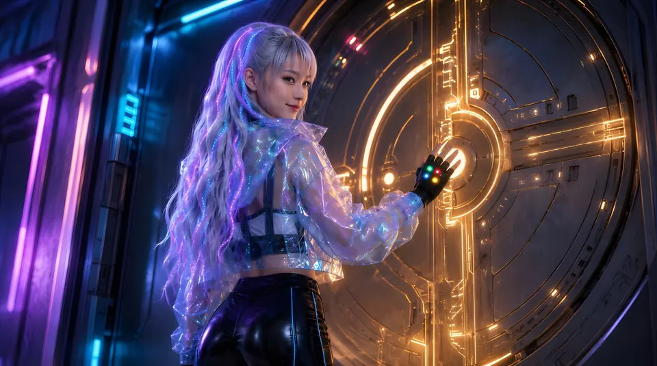 Kimi activating a circular gold-lit archive door in a violet and cyan neon corridor.