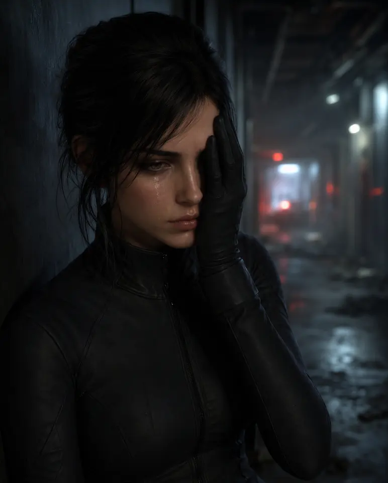 A close portrait of Vespera before her cybernetic eye replacement, pressing a gloved hand to her injured eye.