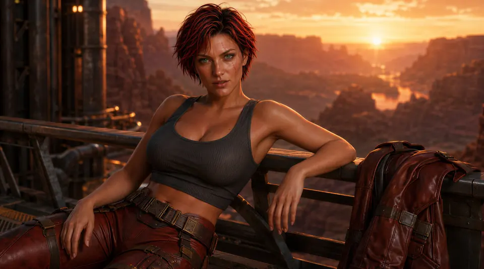 Tarin resting beside her red armor at sunset above the industrial desert frontier.