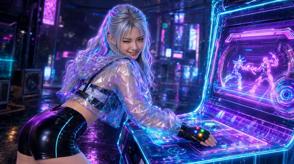 Kimi leaning over a glowing violet arcade console in a vivid neon district.