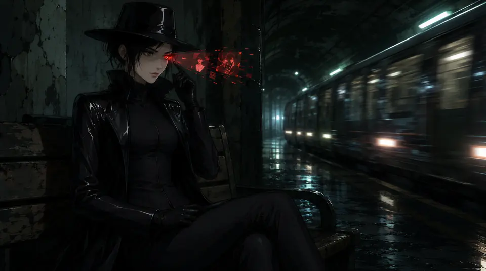 Anime interpretation of Vespera seated in an abandoned metro station while her red cybernetic iris replays evidence beside a passing train.