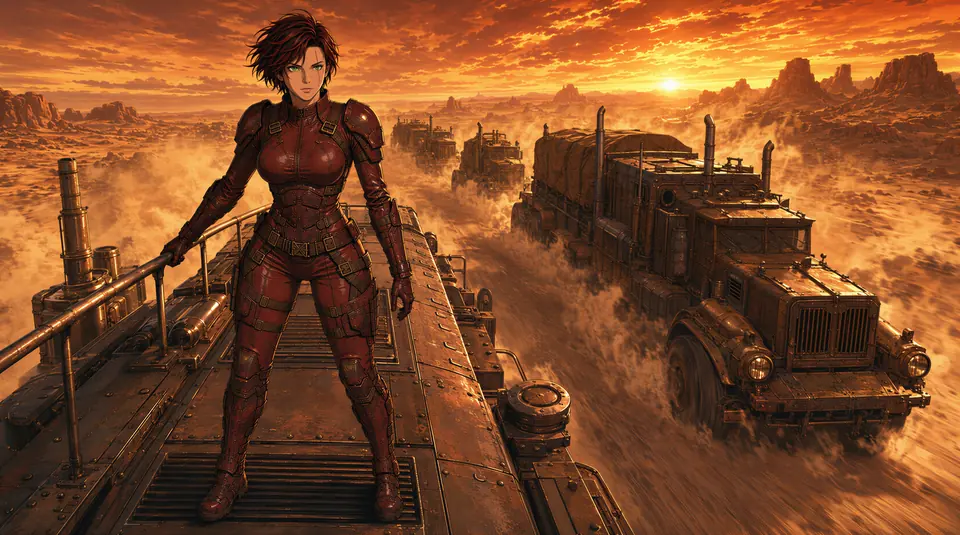Anime interpretation of Tarin commanding a fast armored convoy from the roof of its lead desert transport.