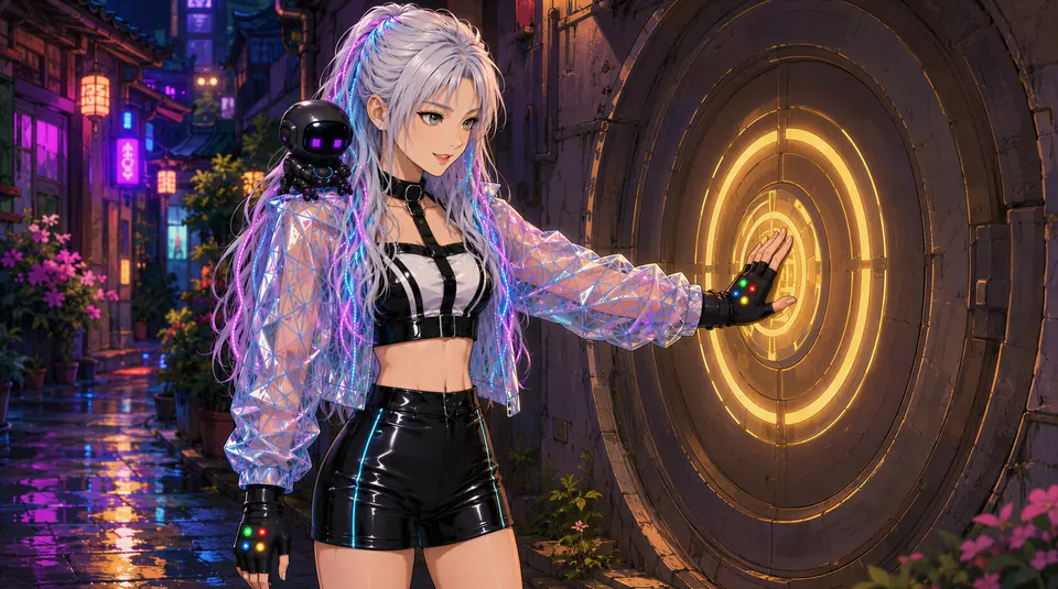 Anime interpretation of Kimi and tiny Shibbi opening a circular gold-lit hidden door in a colorful night alley.