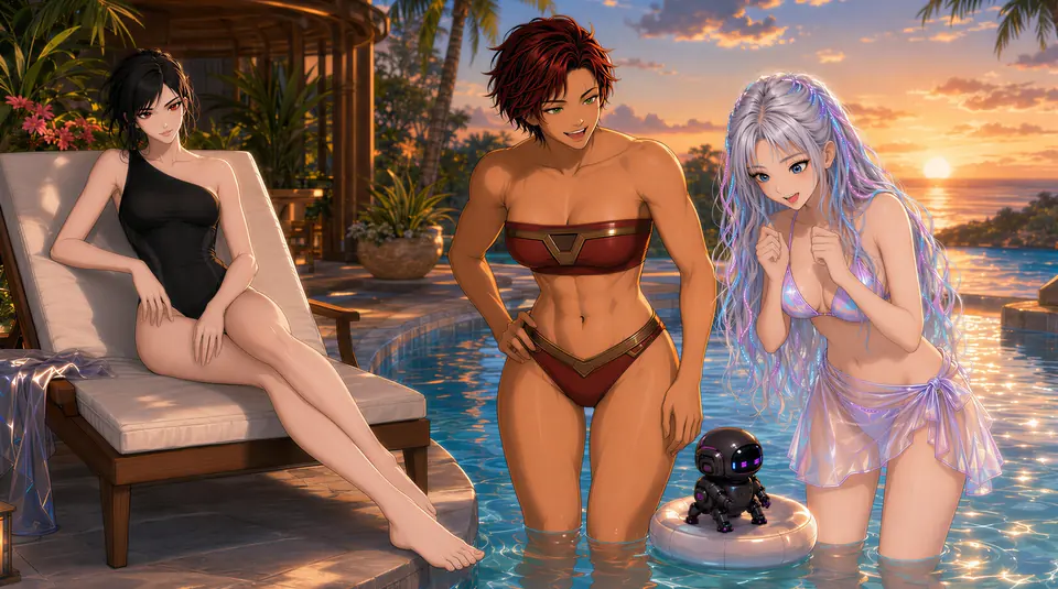 Anime summer special with Vespera, Tarin, Kimi, and tiny Shibbi together beside a sunset pool.