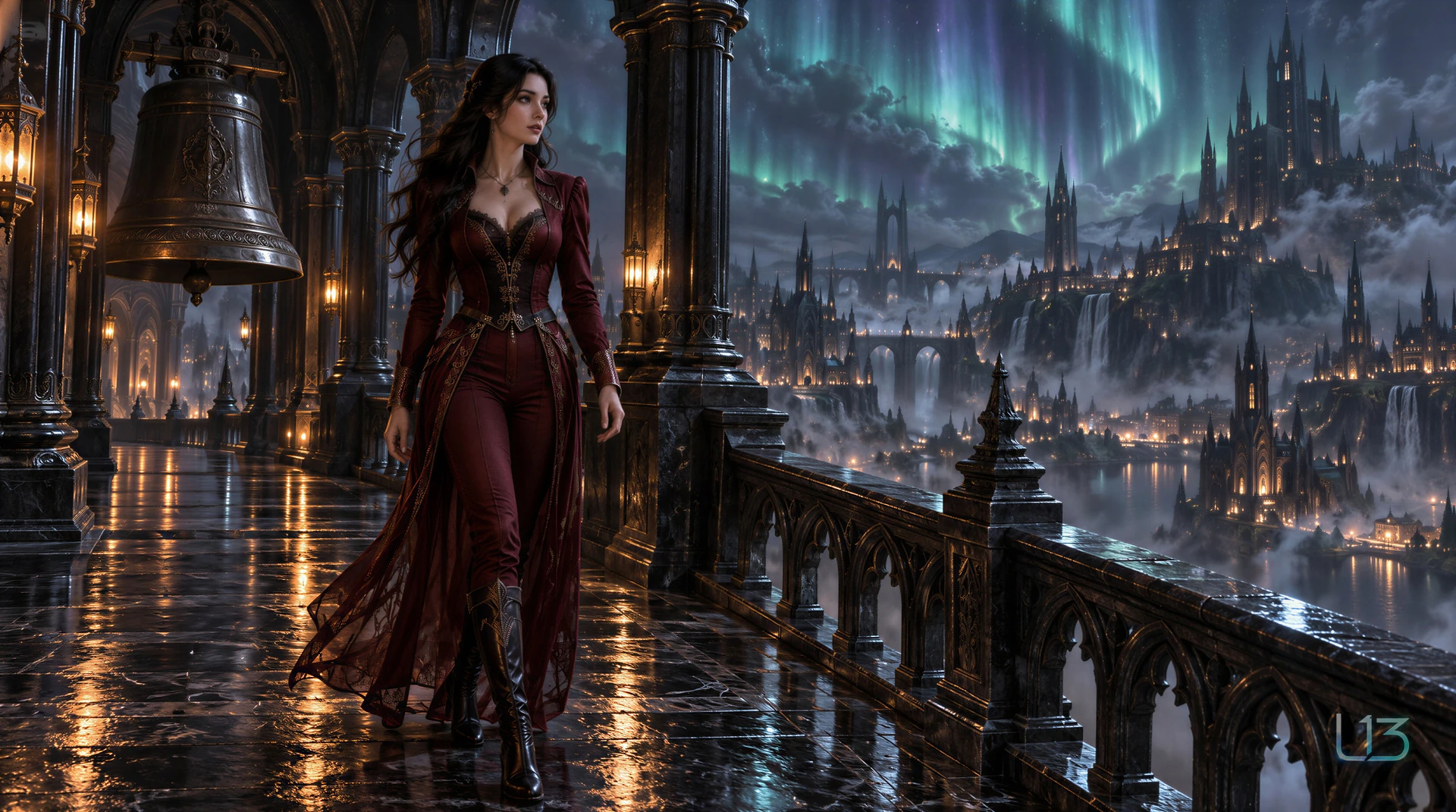 A dark-haired woman in a burgundy fantasy outfit walks along a wet gothic terrace beside a large bell. Warm lanterns reflect on the stone, while a green aurora hangs above distant castles, waterfalls and mist. A small L13 signature sits at the lower right.