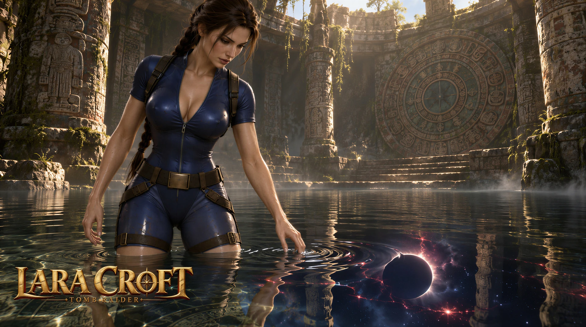 Lara Croft in a blue short-sleeved outfit and brown straps stands thigh-deep in a flooded stone temple. Her fingertips touch ripples beside a dark eclipse and stars reflected in the water, while daylight illuminates the ruins above. Gold Lara Croft / Tomb Raider title logo at lower left.