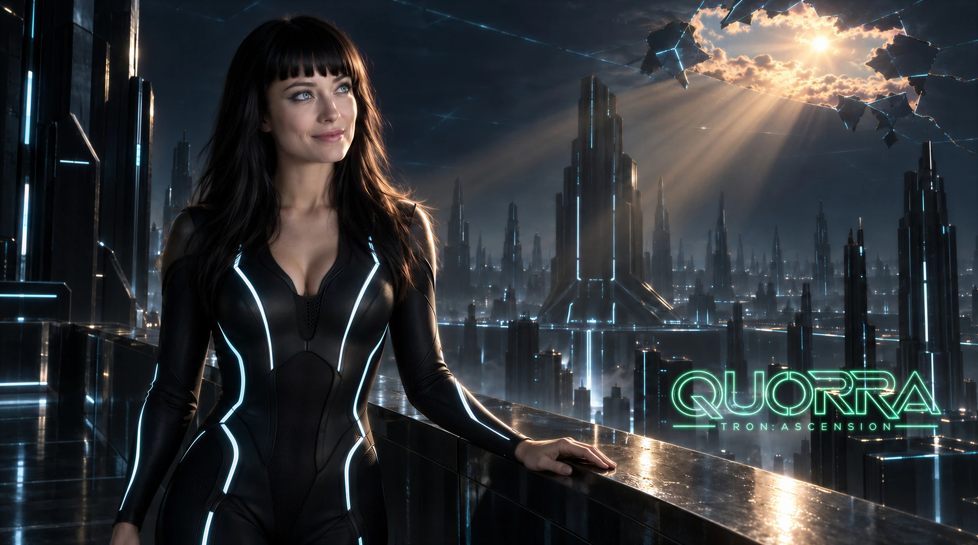 Quorra in a fitted luminous suit, with sunlight breaking through the digital sky; Quorra TRON Ascension title logo.