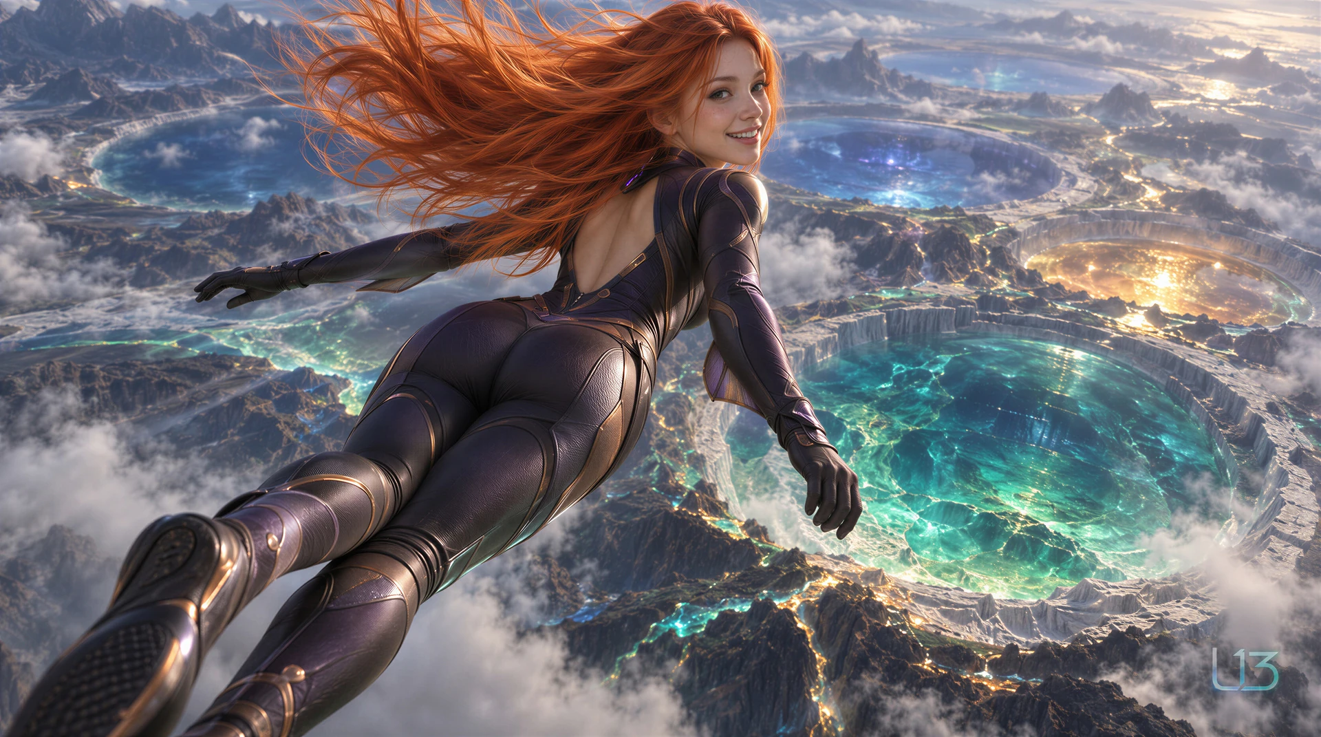 A smiling red-haired woman flies above a mountainous alien landscape filled with glowing blue, turquoise and gold craters. She looks back over her shoulder, with both arms extended for balance and a dark fitted flight suit. A small L13 signature sits at the lower right.