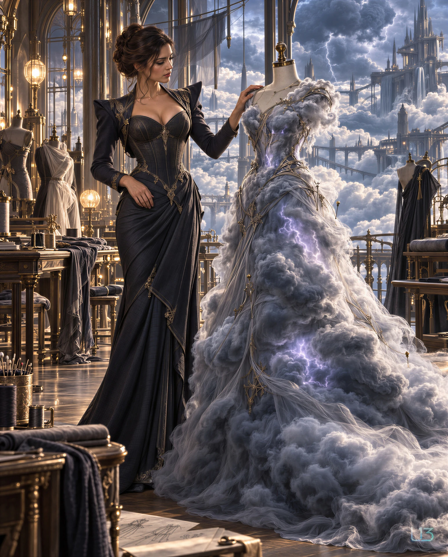 A dark-haired woman in a fitted black gown rests one hand on a dress form in a golden-lit atelier. The gown on the form is made of billowing storm clouds, violet lightning, delicate fabric and gold details. Tall windows overlook a fantasy city among clouds. An L13 signature appears at the lower right.