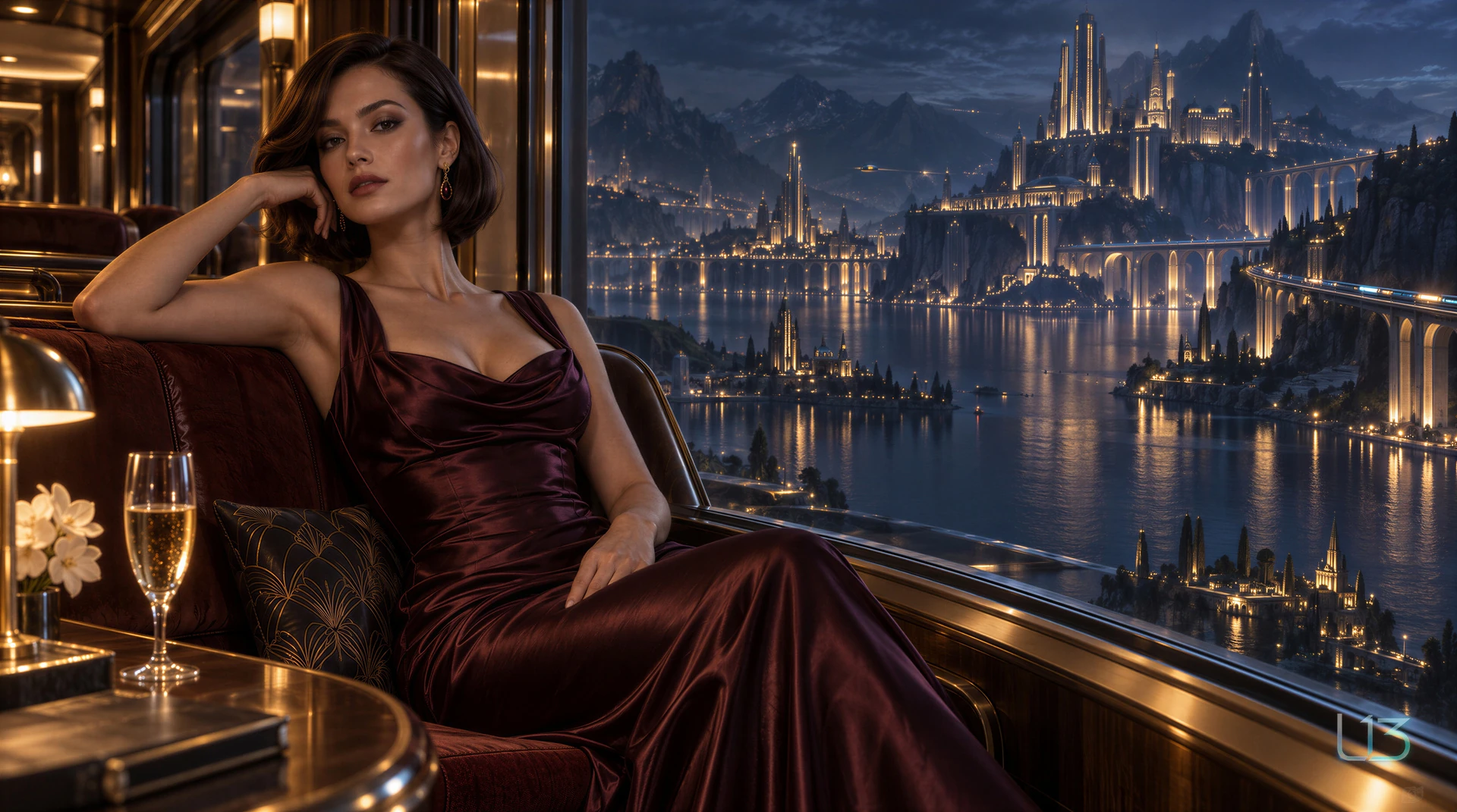 A dark-haired woman in a burgundy gown reclines in a softly lit window-side chair. A glass stands on the table while a grand illuminated city reflects across the night lake outside. A small L13 signature appears in the lower right.