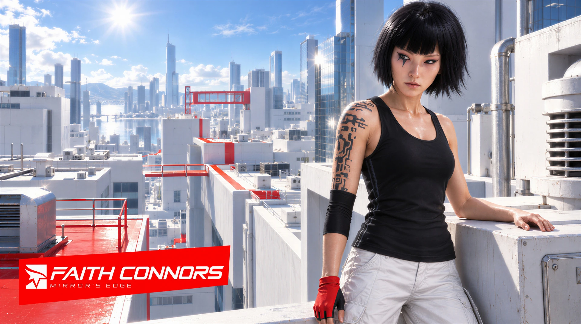 Faith Connors, with short black hair, an eye tattoo and a tattooed arm, stands on a bright rooftop wearing a black tank top, white trousers and a red glove. Her other hand rests on a white rooftop structure. Red routes cross the white rooftops beneath a blue sky and glass towers. Red Faith Connors / Mirror's Edge title logo at lower left.