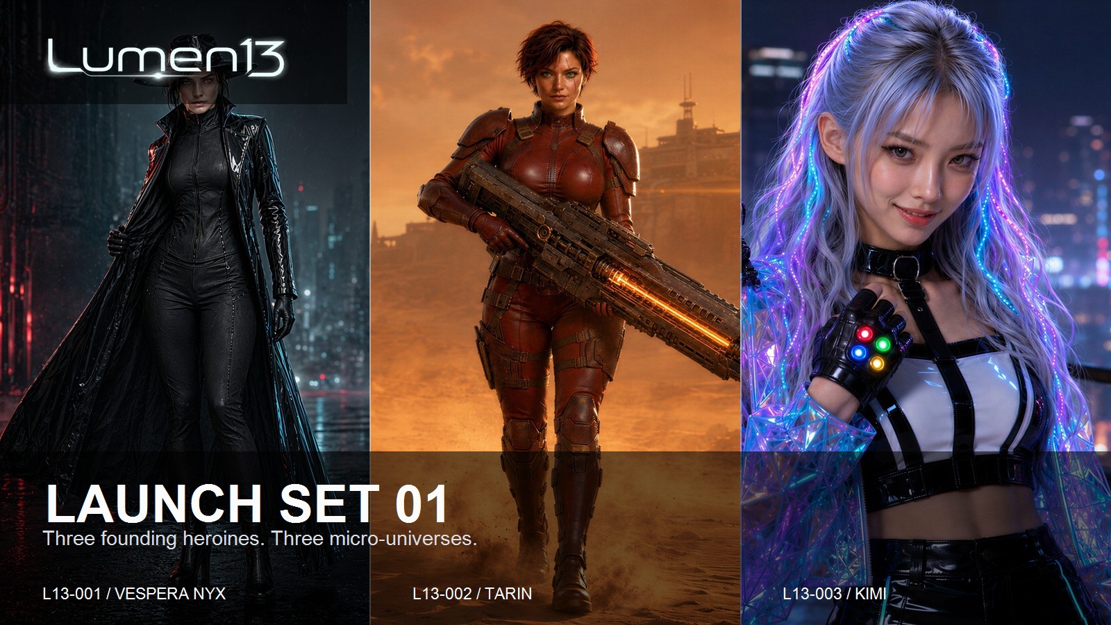 Launch Set 01 featuring Vespera Nyx, Tarin, and Kimi
